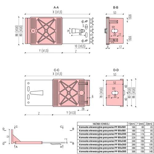 Konsola elewacyjna pasywna PP - wymiary