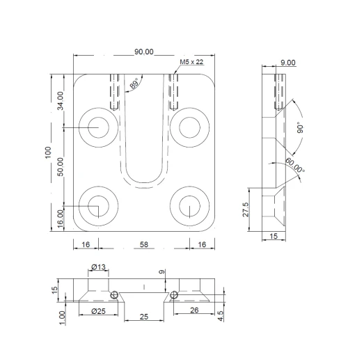 PITZL łącznik konstrukcyjny HVP 60-90x100x18mm wymiary części mocowanej do podłoża